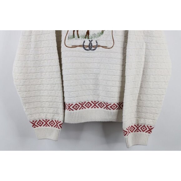 Vintage 90s Cabelas Womens Large Distressed Horse Equestrian Knit Sweater Cream - Picture 3 of 11